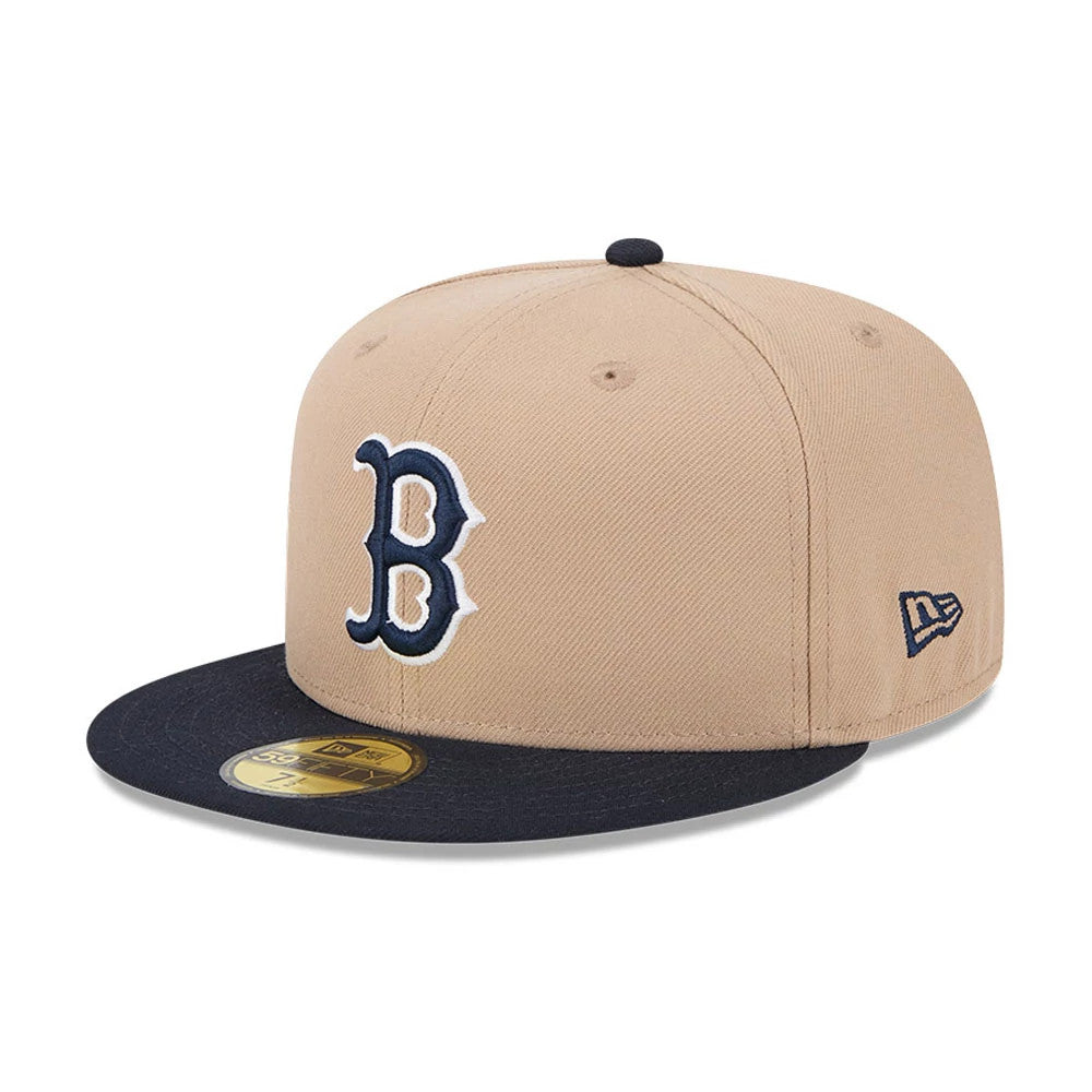 Pictured is this MLB Evergreen Boston Red Sox 59FIFTY Fitted cap in light beige. 1