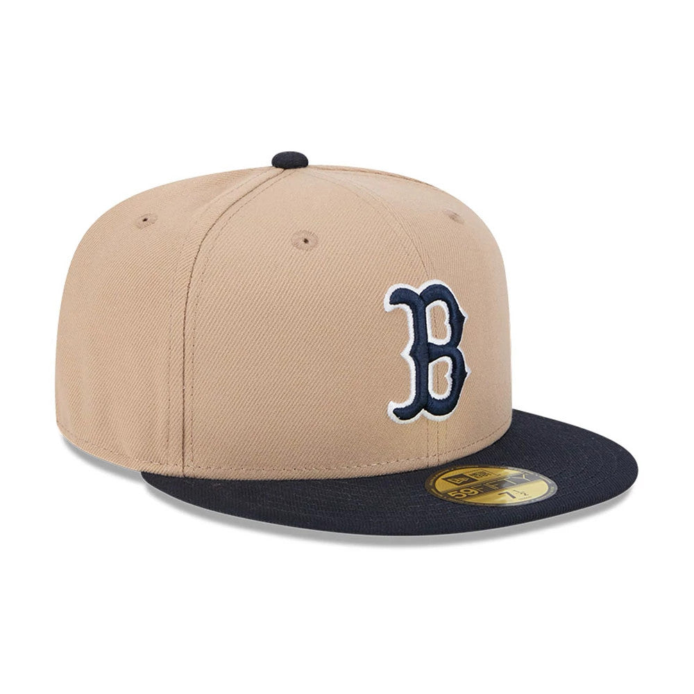 Pictured is this MLB Evergreen Boston Red Sox 59FIFTY Fitted cap in light beige. 4