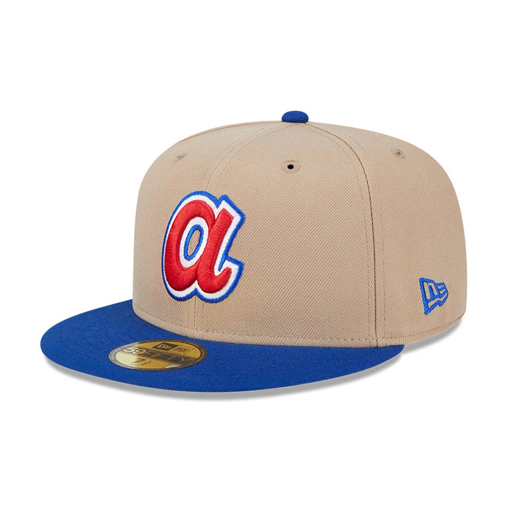 Pictured is this MLB Evergreen Atlanta Braves 59FIFTY Fitted cap in light beige. 1