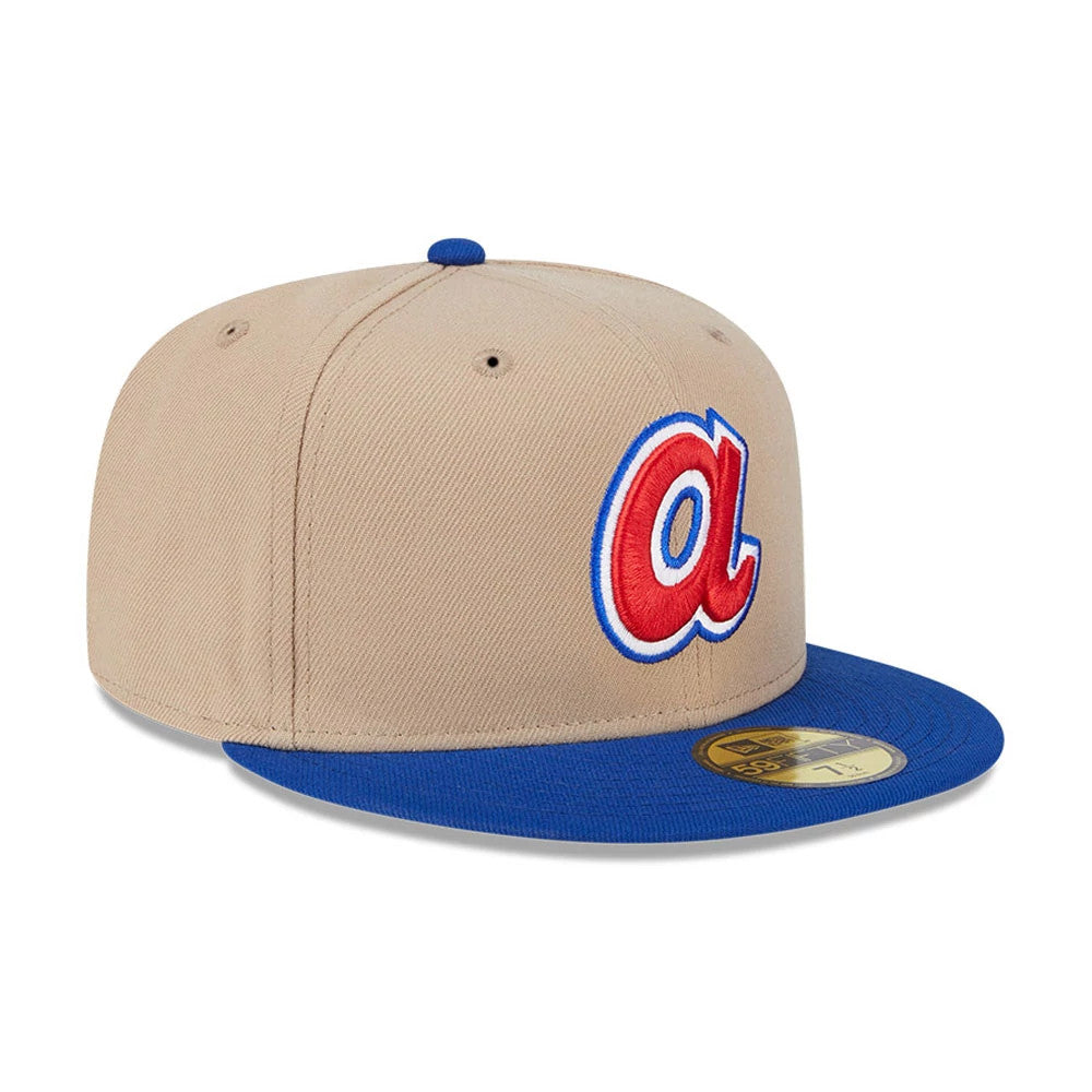 Pictured is this MLB Evergreen Atlanta Braves 59FIFTY Fitted cap in light beige. 4