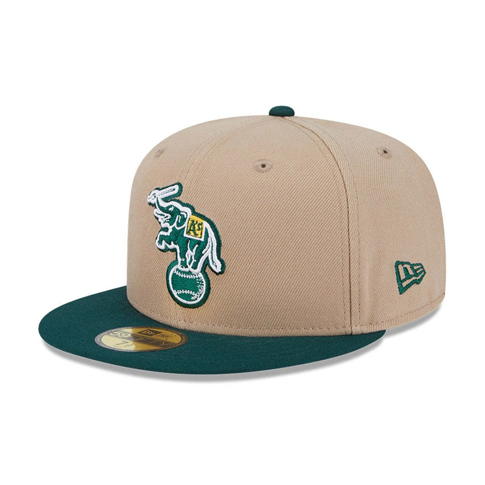 Pictured is this MLB Evergreen Athletics 59FIFTY Fitted cap in light beige. 1