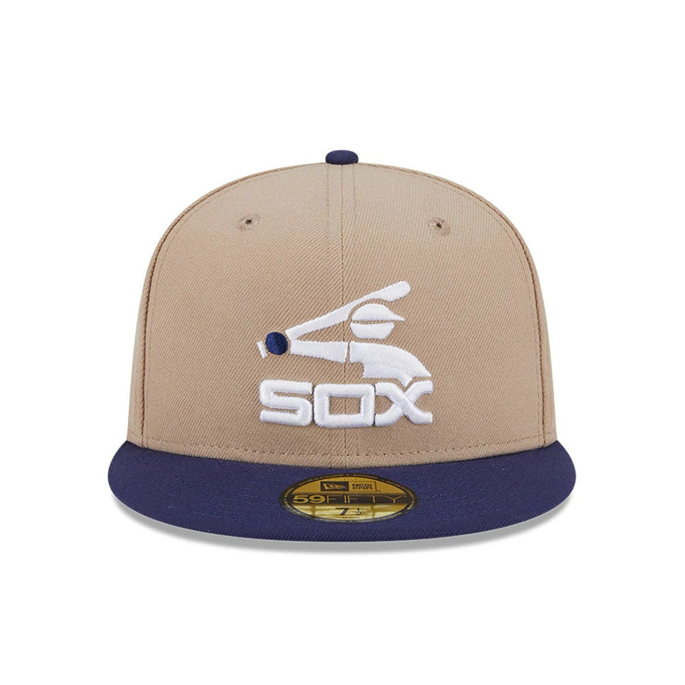 Pictured is this MLB Evergreen Chicago White Sox 59FIFTY Fitted cap in light beige. 3
