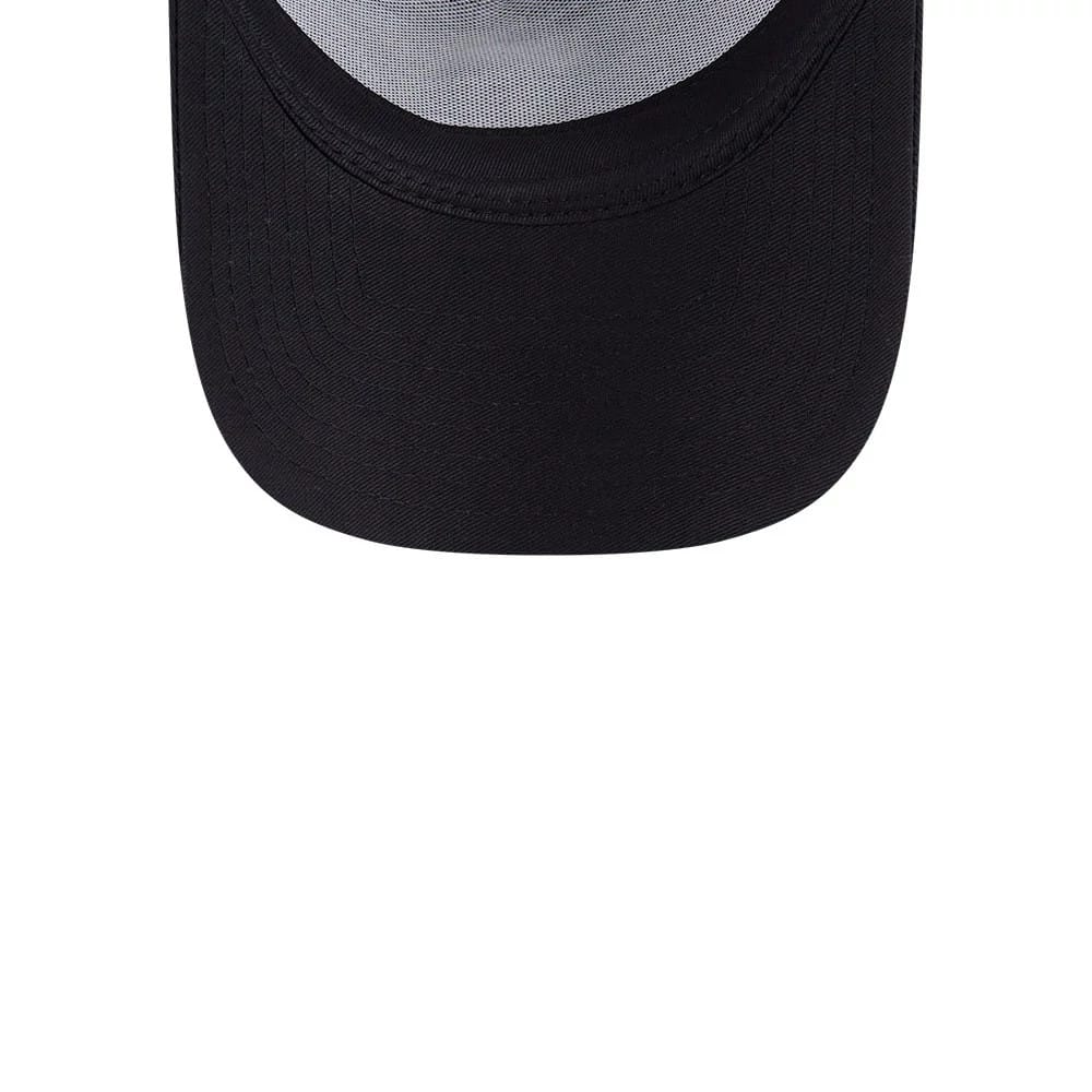 Chicago White Sox MLB Evergreen Black New Era 9FORTY A-Frame Adjustable Cap, inside view showing black taping across the crown and the curved black undervisor beneath the A-frame structure.