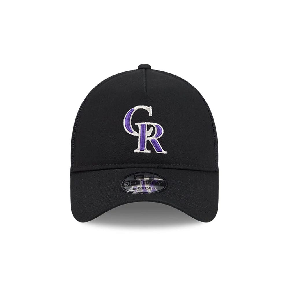 Pictured is this MLB Evergreen Colorado Rockies 9FORTY A-Frame cap in black. 2