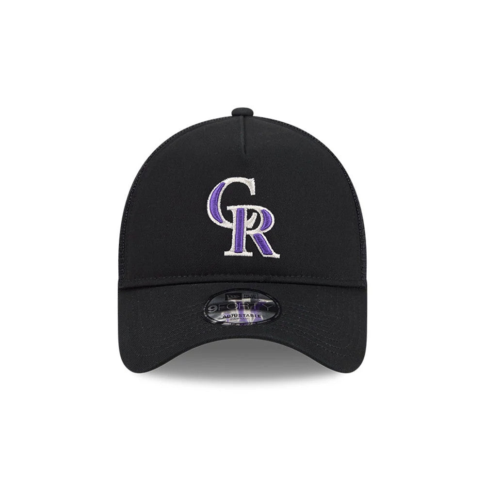 Colorado Rockies MLB Evergreen Black New Era 9FORTY A-Frame Adjustable Cap, front view showing the raised white and purple CR logo embroidered on the front panel, with a curved visor and 9FORTY size sticker.