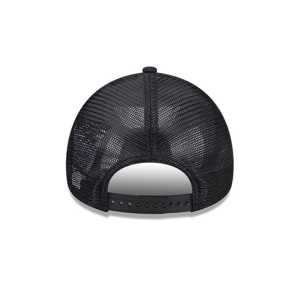 Colorado Rockies MLB Evergreen Black New Era 9FORTY A-Frame Adjustable Cap, rear view showing the black mesh back panels with an open hole above the adjustable strap, beneath the black top button.