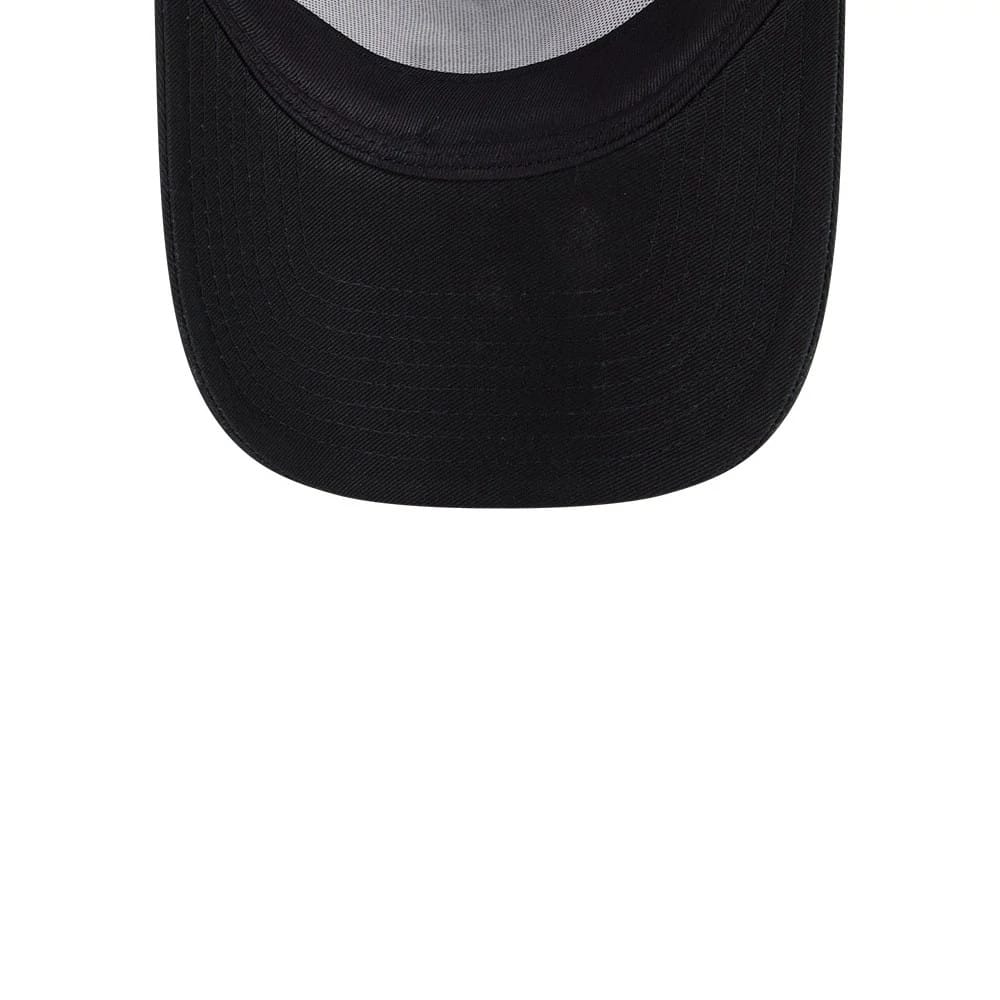 Colorado Rockies MLB Evergreen Black New Era 9FORTY A-Frame Adjustable Cap, inside view showing the black undervisor with a grey sweatband lining the interior, highlighting the contours of the cap's structure.