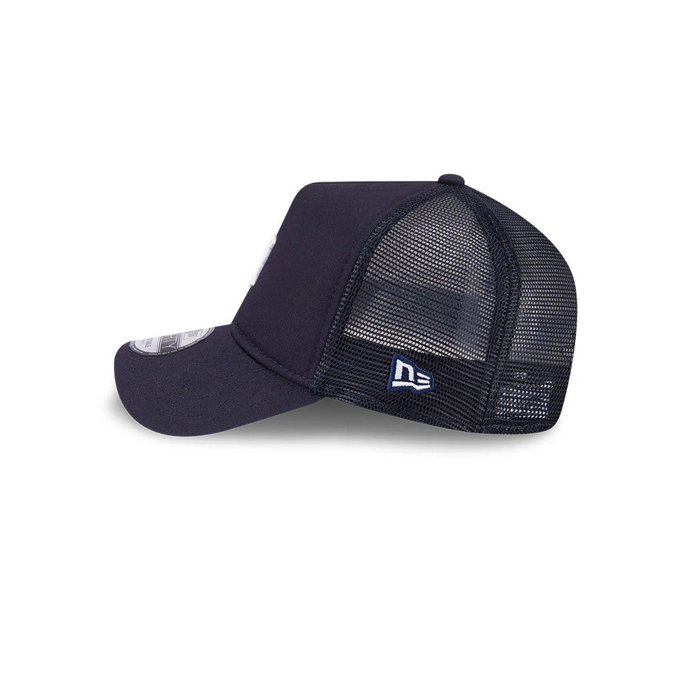 Detroit Tigers MLB Evergreen Navy New Era 9FORTY A-Frame Adjustable Cap, side view showing the embroidered New Era flag logo on the left mesh panel, curved navy visor with a 9FORTY size sticker, and structured front crown.