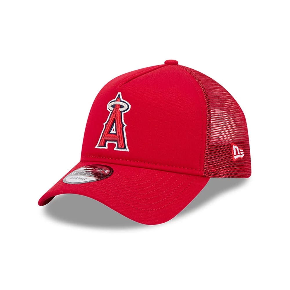 LA Angels MLB Evergreen Red New Era 9FORTY A-Frame Adjustable Cap, three-quarter view showing the raised embroidered A logo on the front panel, curved red visor with 9FORTY size sticker, and New Era flag logo on the mesh left side.