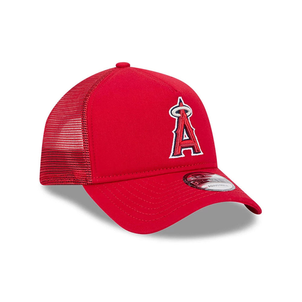 LA Angels MLB Evergreen Red New Era 9FORTY A-Frame Adjustable Cap, three-quarter view showing the raised embroidered A logo on the front panel, a red curved visor with a 9FORTY size sticker, and mesh side panels.