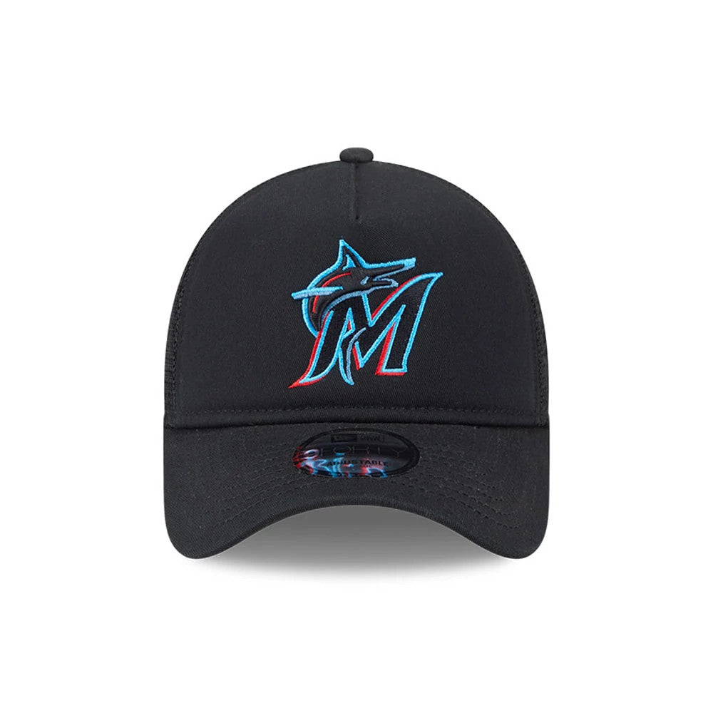 Miami Marlins MLB Evergreen Black New Era 9FORTY A-Frame Adjustable Cap, front view showing the raised embroidered Marlins logo in aqua and red on the front panel, with a black curved visor and a 9FORTY size sticker.
