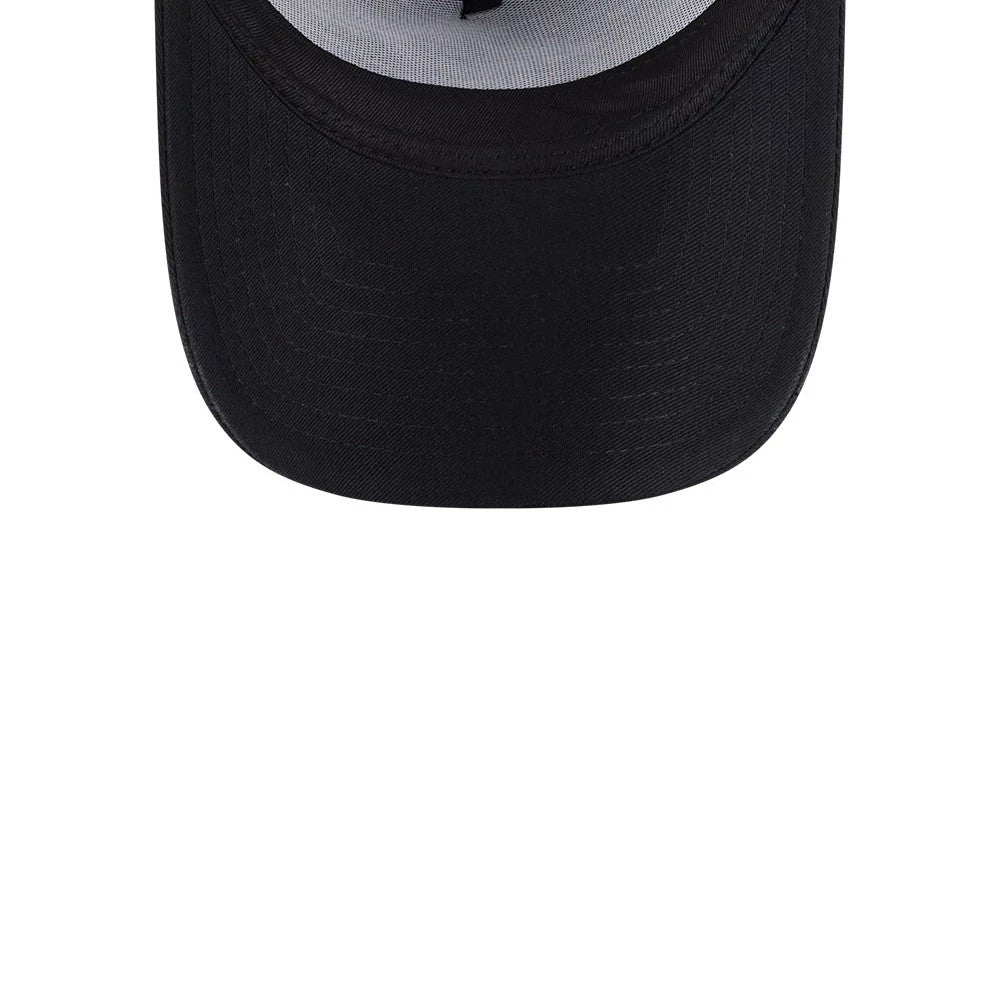 Miami Marlins MLB Evergreen Black New Era 9FORTY A-Frame Adjustable Cap, inside view showing the black taped seams, grey sweatband, and the size sticker on the underside of the black visor.