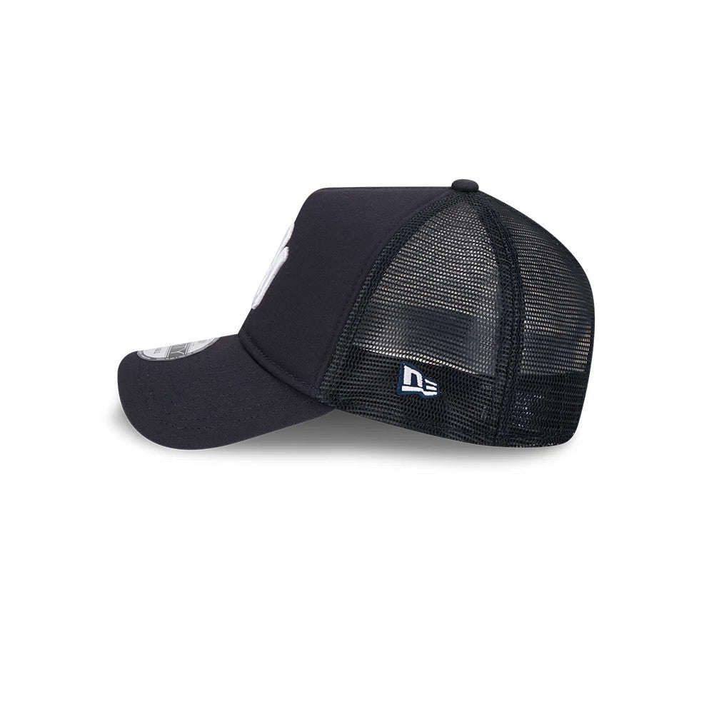 New York Yankees MLB Evergreen Navy New Era 9FORTY A-Frame Adjustable Cap, side view showing the embroidered New Era flag logo on the black mesh panels and the curved visor with a 9FORTY size sticker on top.
