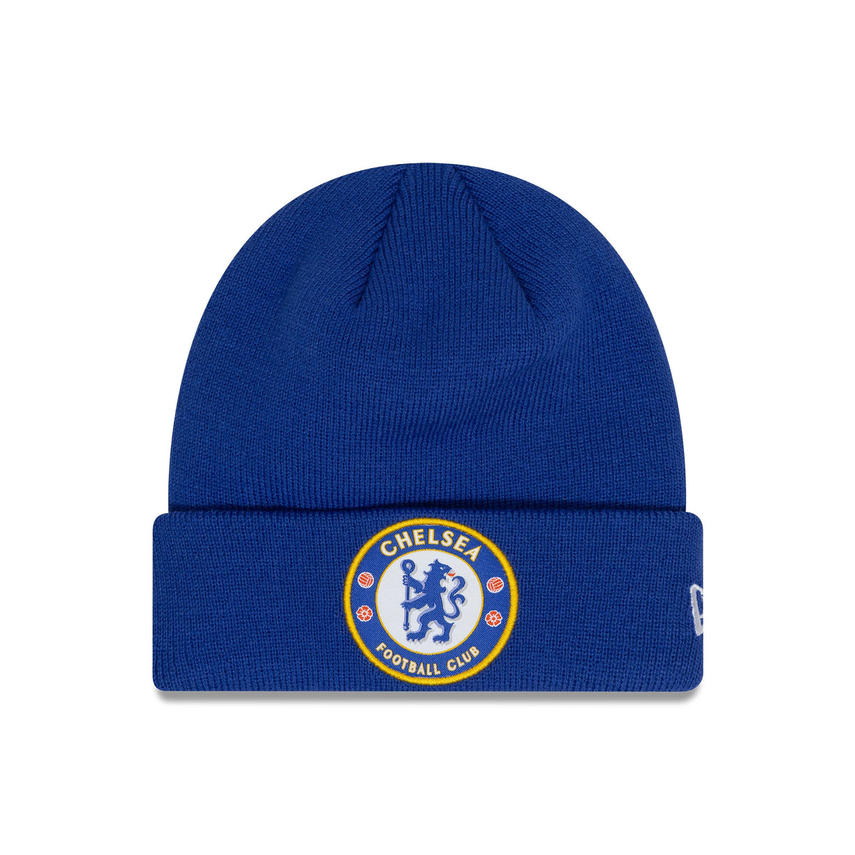 New Era Chelsea FC Lion Crest Core Blue Cuff Knit Beanie Hat, front view showing the embroidered Chelsea lion crest logo centred on the cuff and the New Era flag logo on the left side.