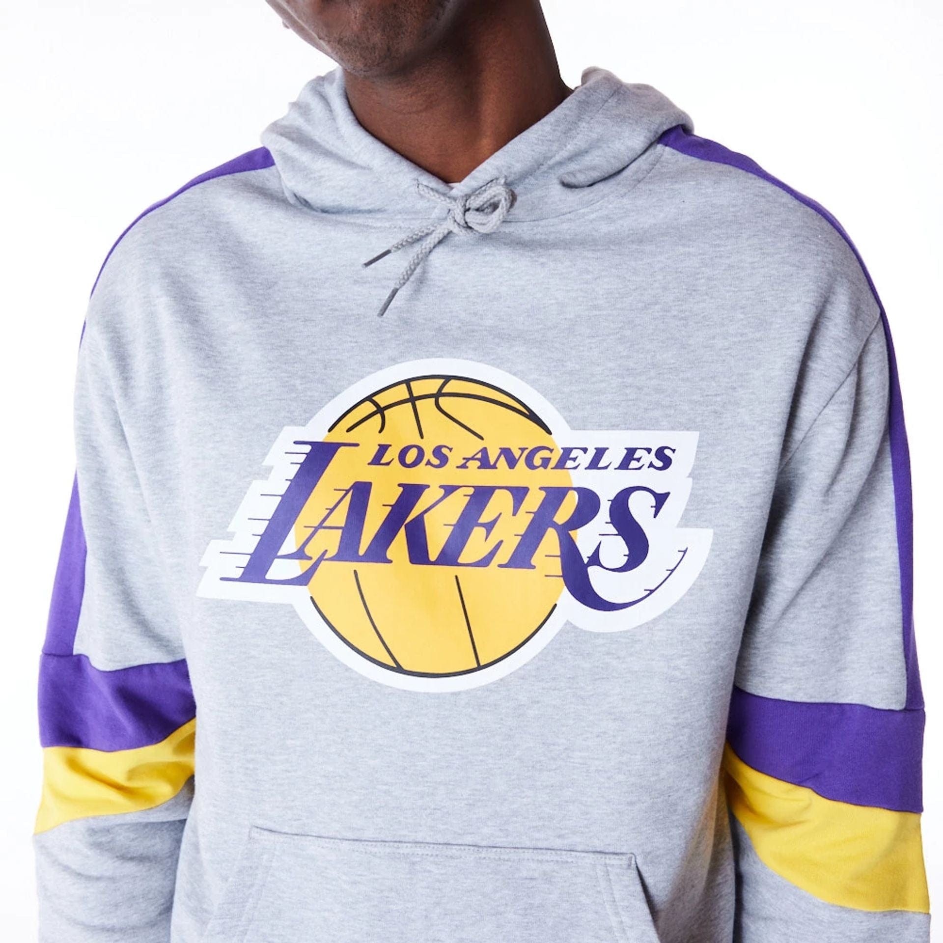 The Male model is wearing LA Lakers Colour Block Grey Pullover Hoodie 2