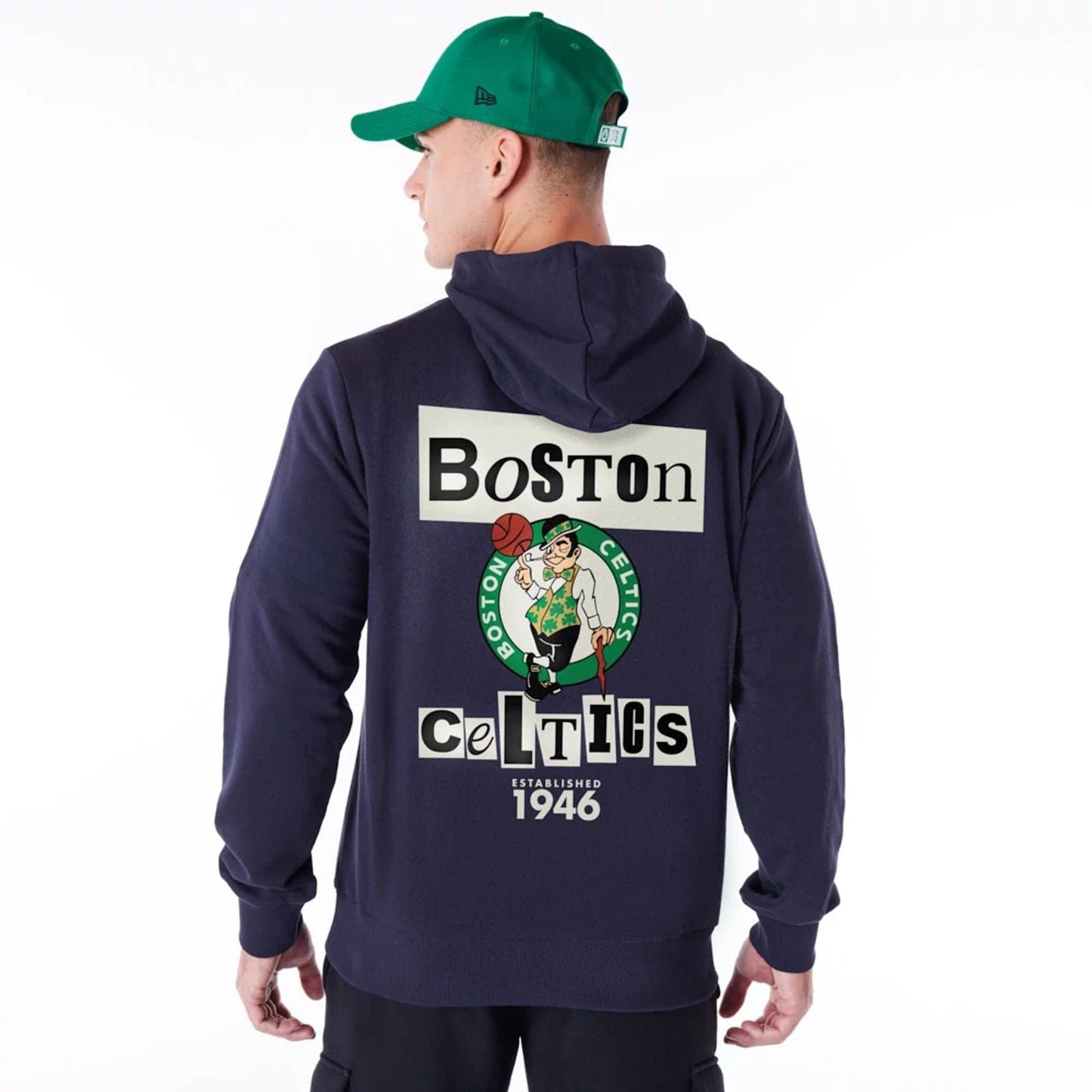 The Male model is wearing Boston Celtics Newspaper Graphic Navy Pullover Hoodie 5