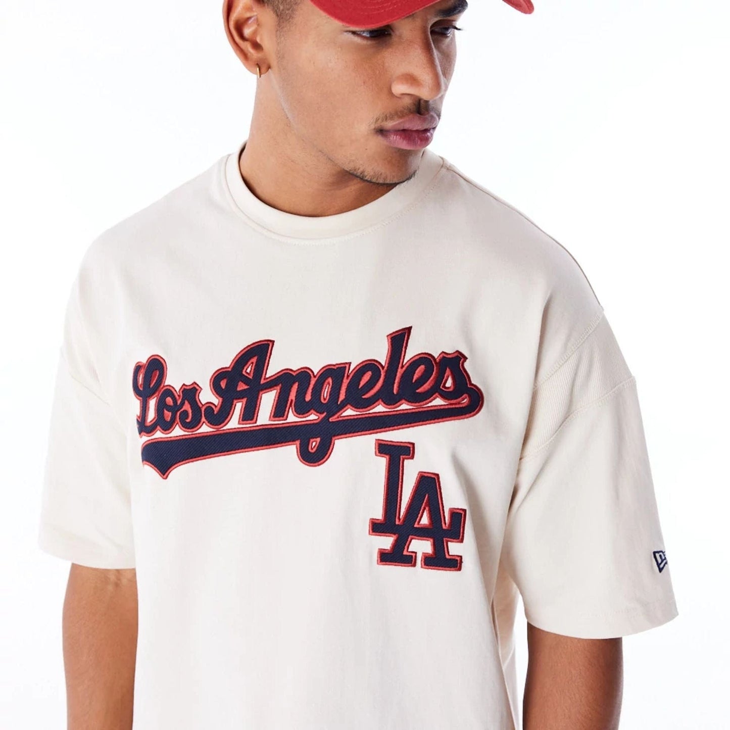 The Male model is wearing LA Dodgers MLB Rib Infill Light Beige Oversized T-Shirt 6