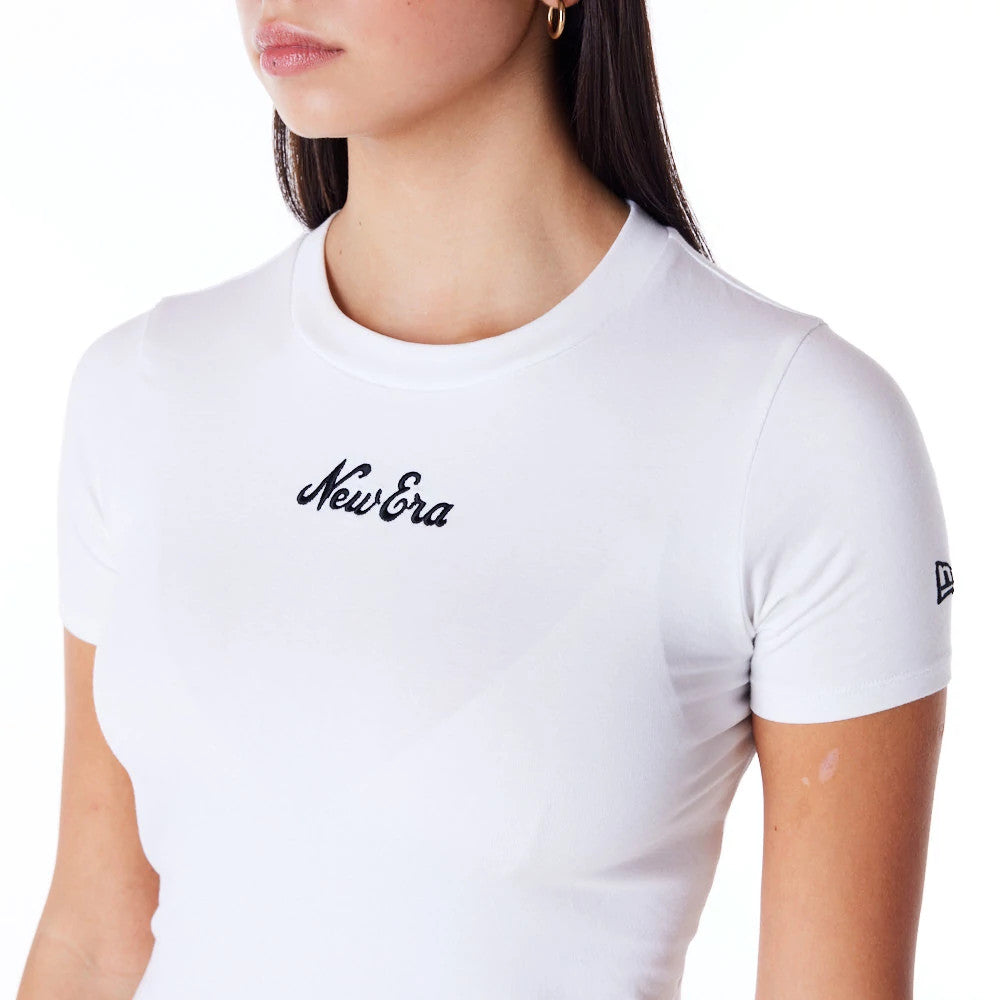 New Era Womens White Slim T-Shirt, front view showing a clean white base with a raised black New Era logo across the chest and a smaller logo on the left sleeve, featuring short sleeves and a round neckline.