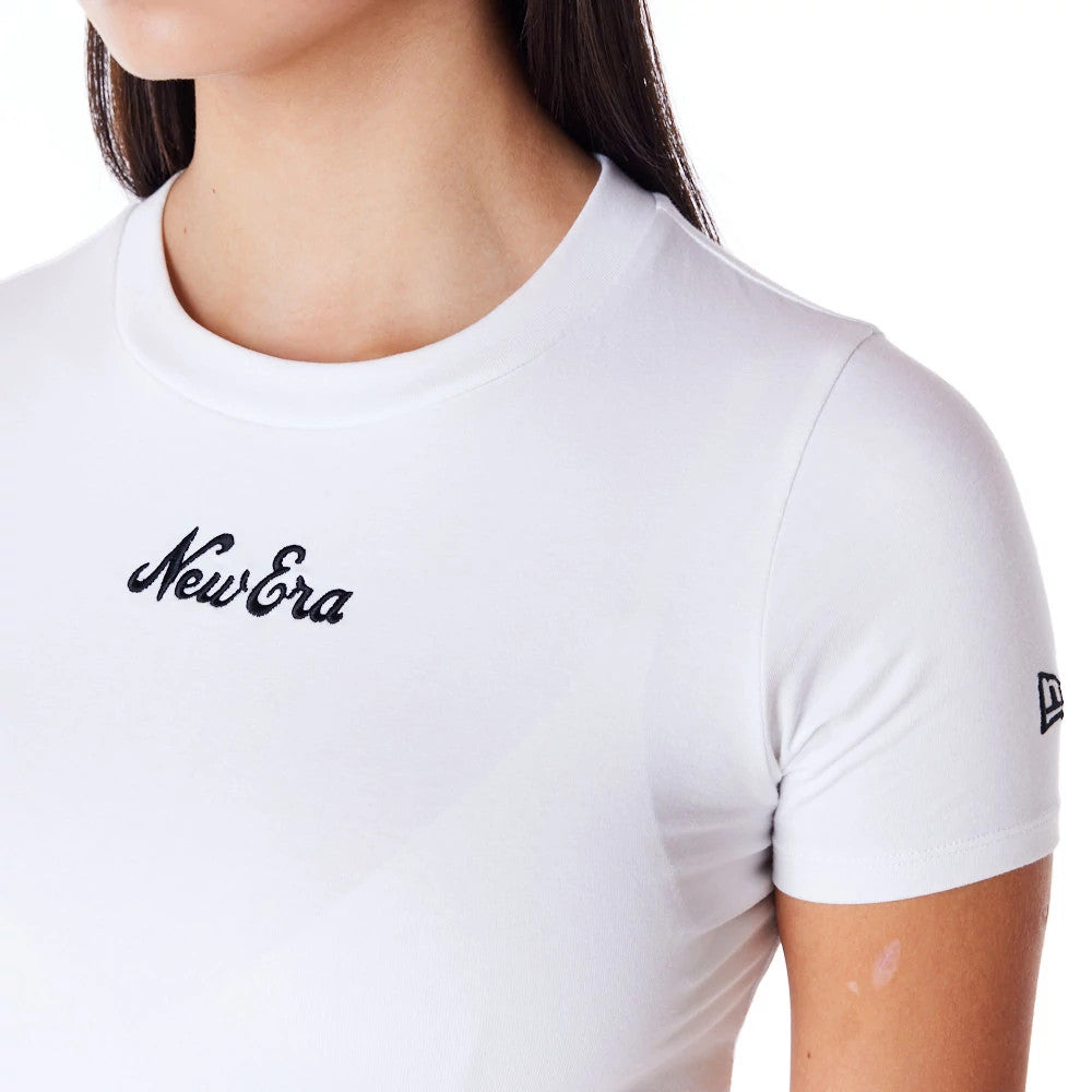 New Era Womens White Slim T-Shirt, front view showing the short sleeves and round neck, the black embroidered New Era logo centred on the chest and a small black embroidered logo on the upper left sleeve.