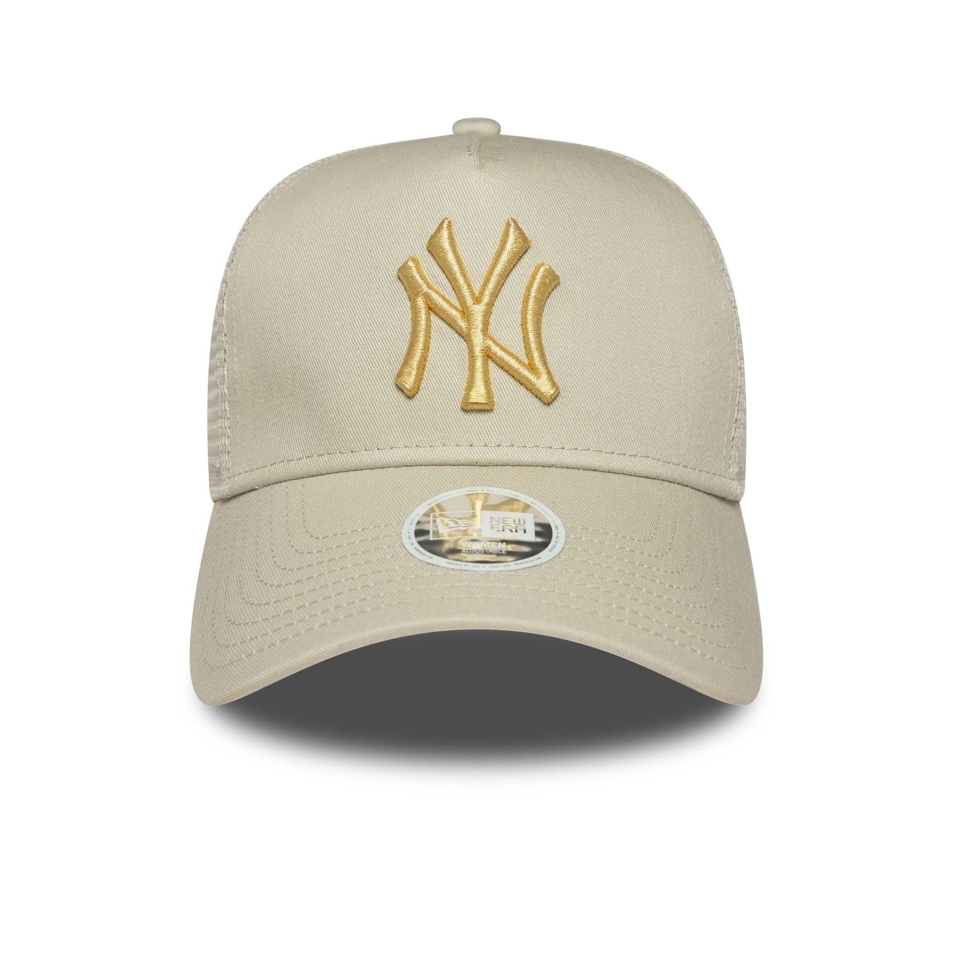 This is a New York Yankees Womens Metallic Cream 9FORTY E-Frame Adjustable Trucker Cap 2