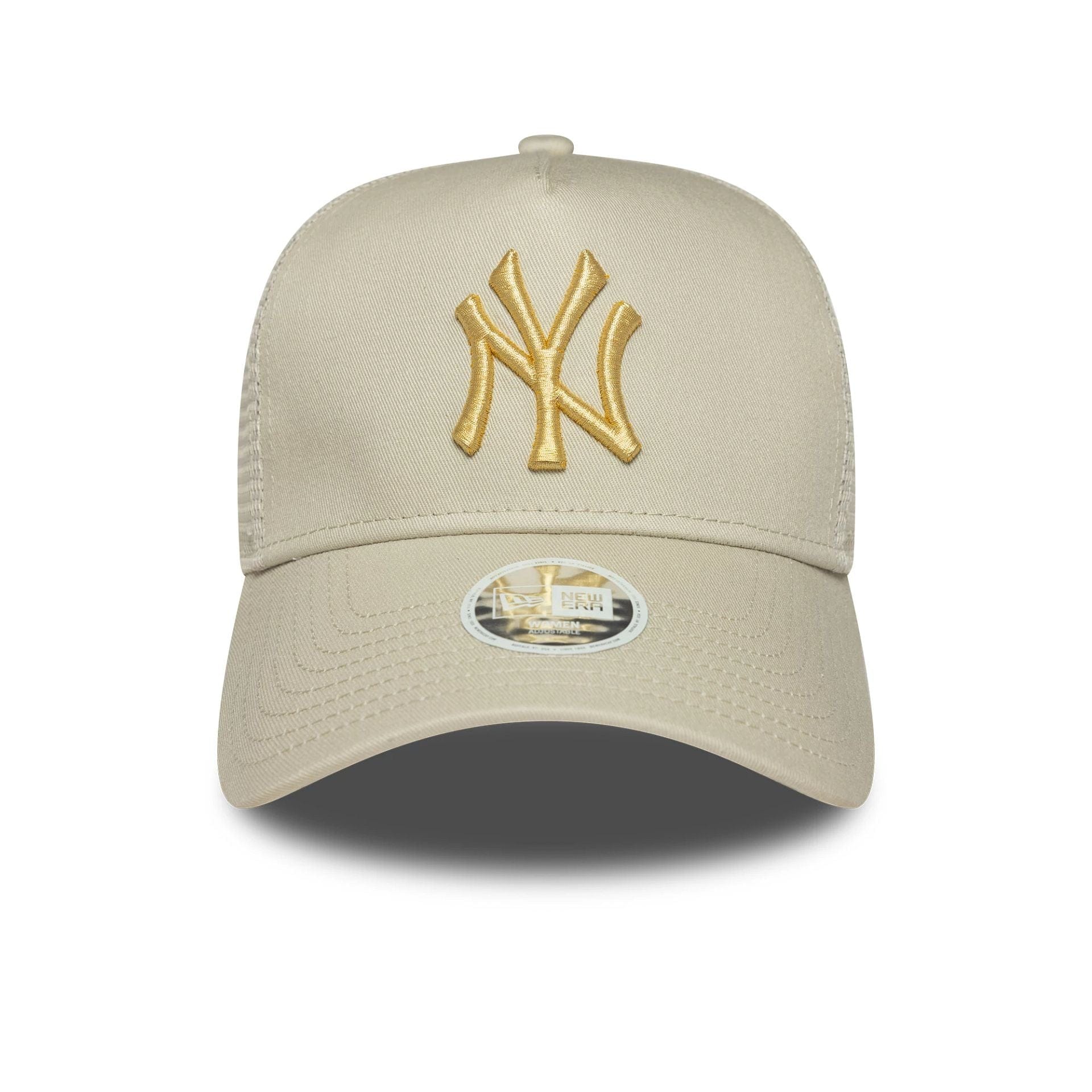 This is a New York Yankees Womens Metallic Cream 9FORTY E-Frame Adjustable Trucker Cap 2