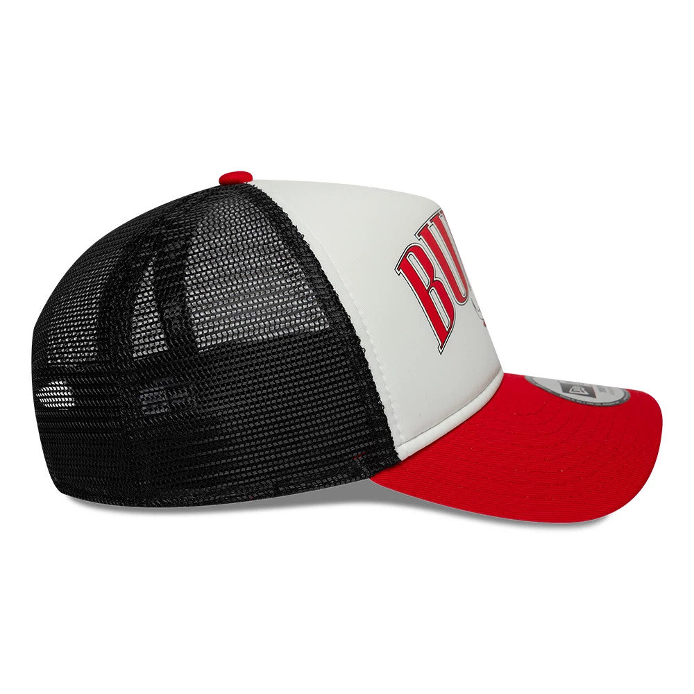 Chicago Bulls Youth NBA Retro Red New Era 9FORTY A-Frame Trucker Cap, side view showing red Bulls wordmark on the white front panel, black mesh back panels, red visor, and 9FORTY size sticker on top.