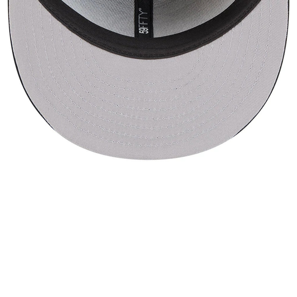 Brooklyn Nets NBA Evergreen Black New Era 59FIFTY Fitted Cap, inside view showing the grey undervisor, black sweatband, black taping with white 59FIFTY branding, and part of the crown.