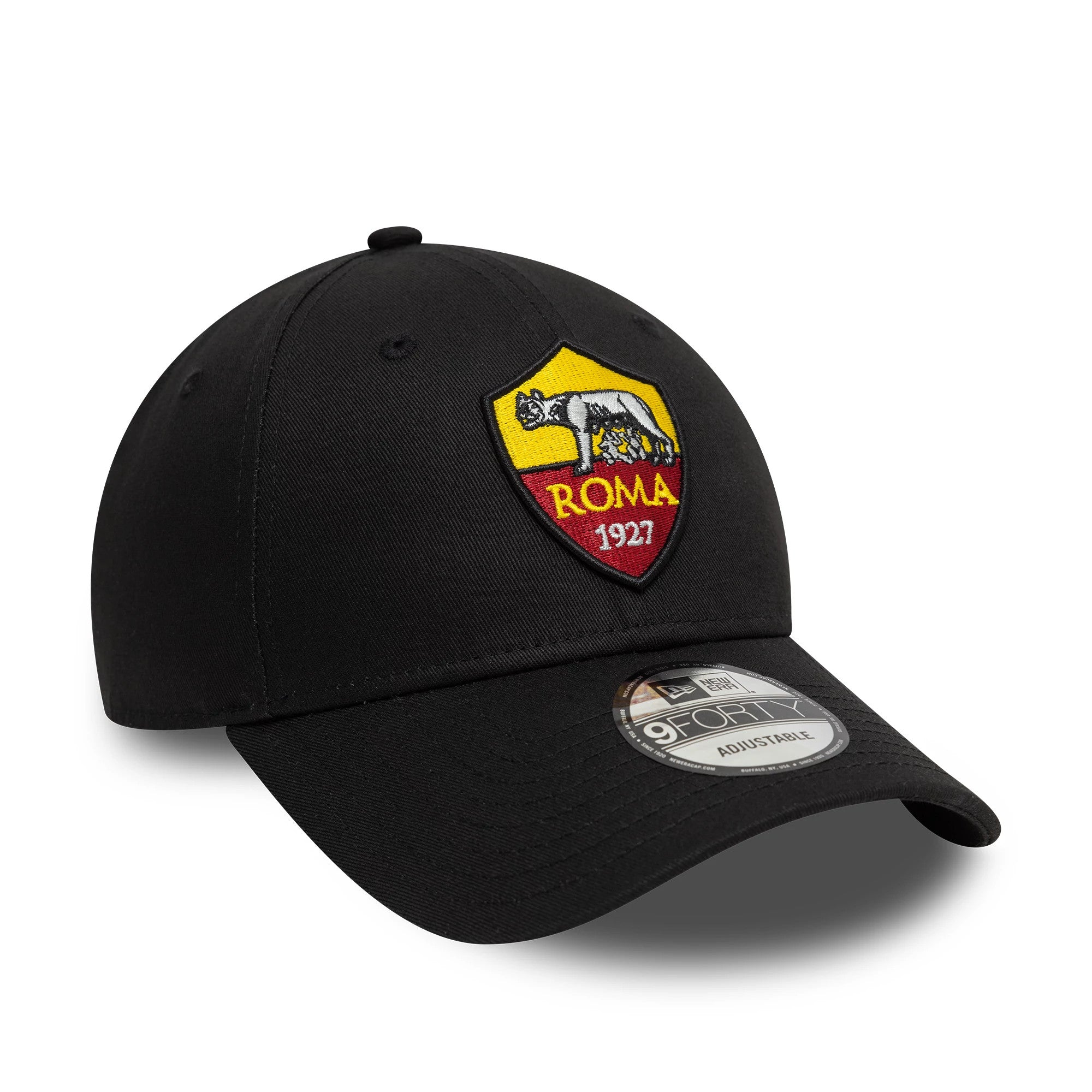 AS Roma Core Black New Era 9FORTY Adjustable Cap, three-quarter view showing the embroidered yellow and red AS Roma logo on the front panel with a curved visor and centred 9FORTY size sticker on top.