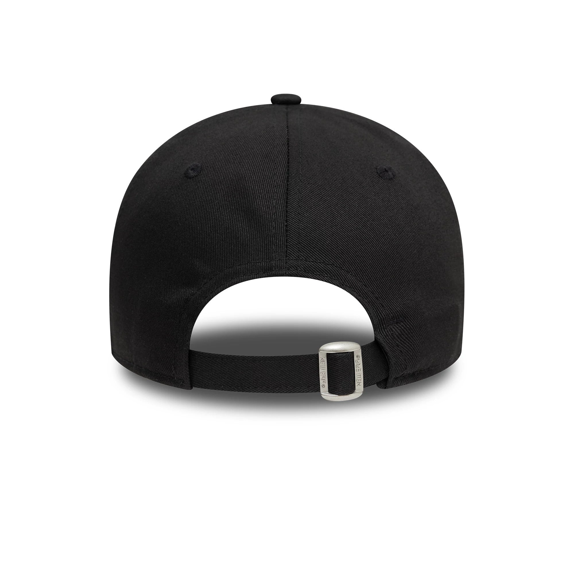 AS Roma Core Black New Era 9FORTY Adjustable Cap, rear view showing the structured black crown with matching eyelets and an adjustable fabric strap featuring a metallic clasp at the back for a customised fit.