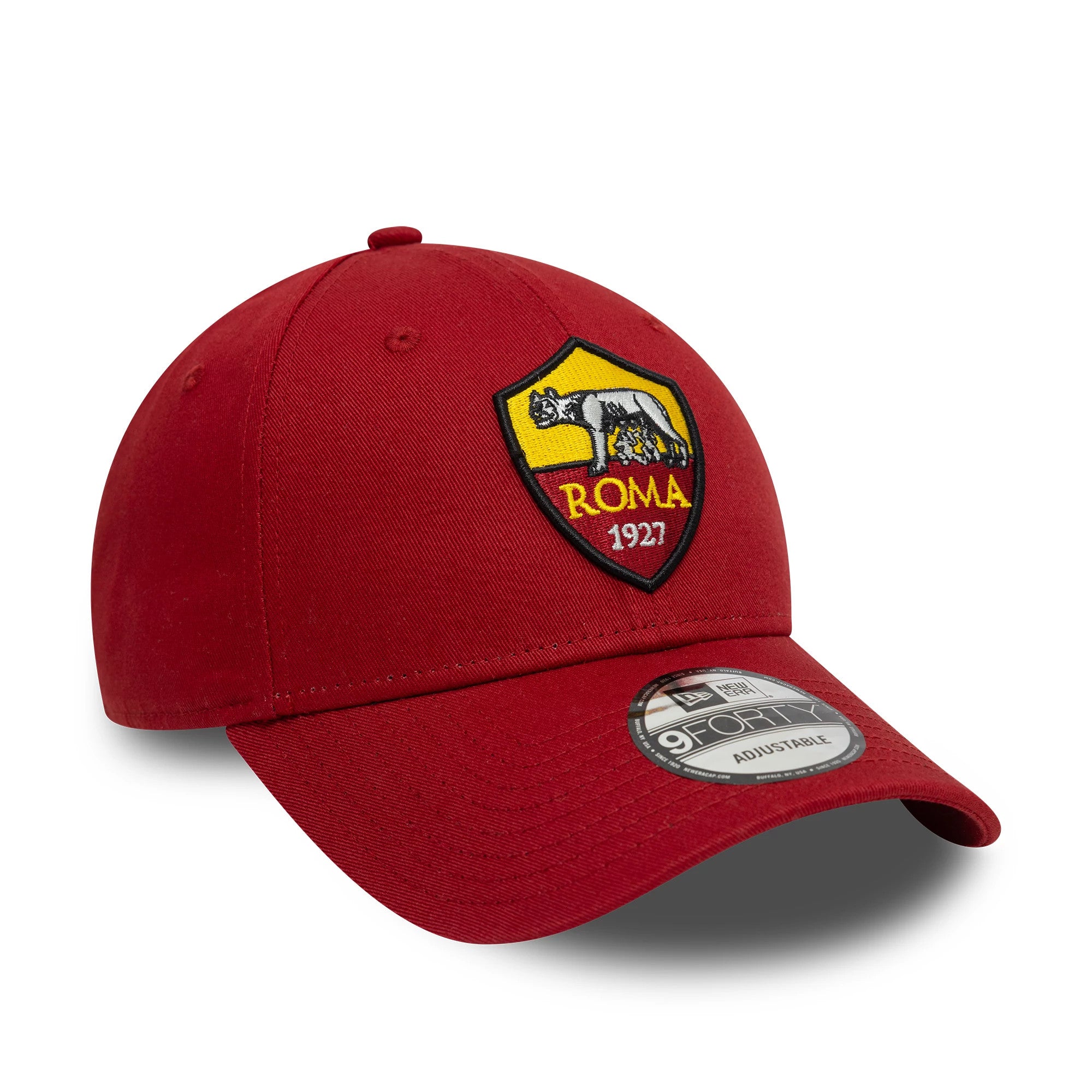 AS Roma Core Dark Red New Era 9FORTY Adjustable Cap, front view showing an embroidered Roma crest on the front panel with a curved visor and 9FORTY size sticker, highlighting its structured dark red crown.
