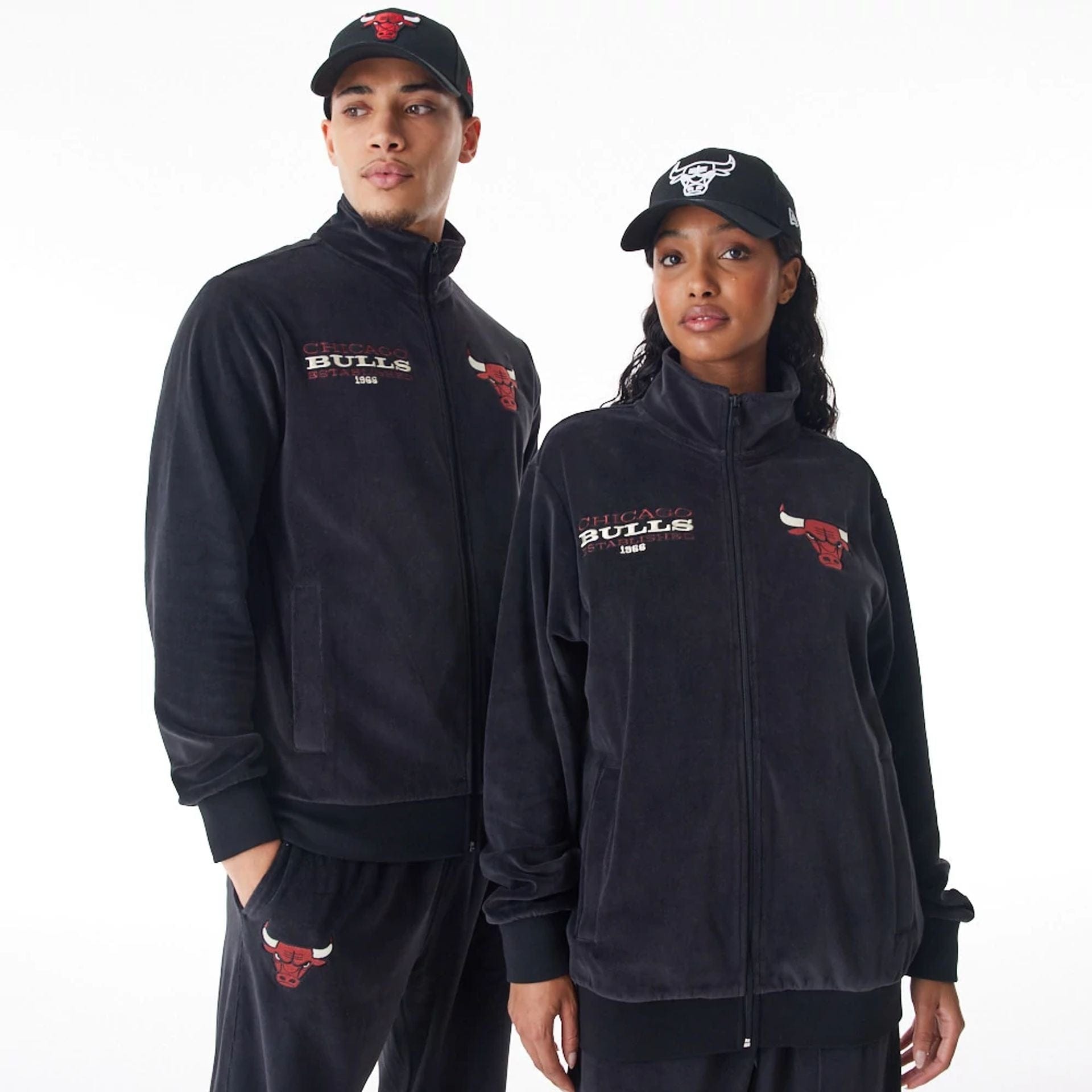 The Male model is wearing Chicago Bulls NBA Lifestyle Velour Black Track Jacket 1