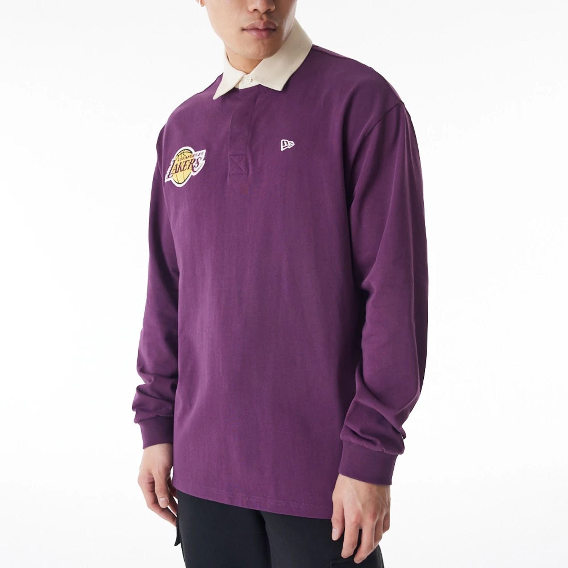 The Male model is wearing LA Lakers NBA Lifestyle Dark Purple Rugby Shirt 2