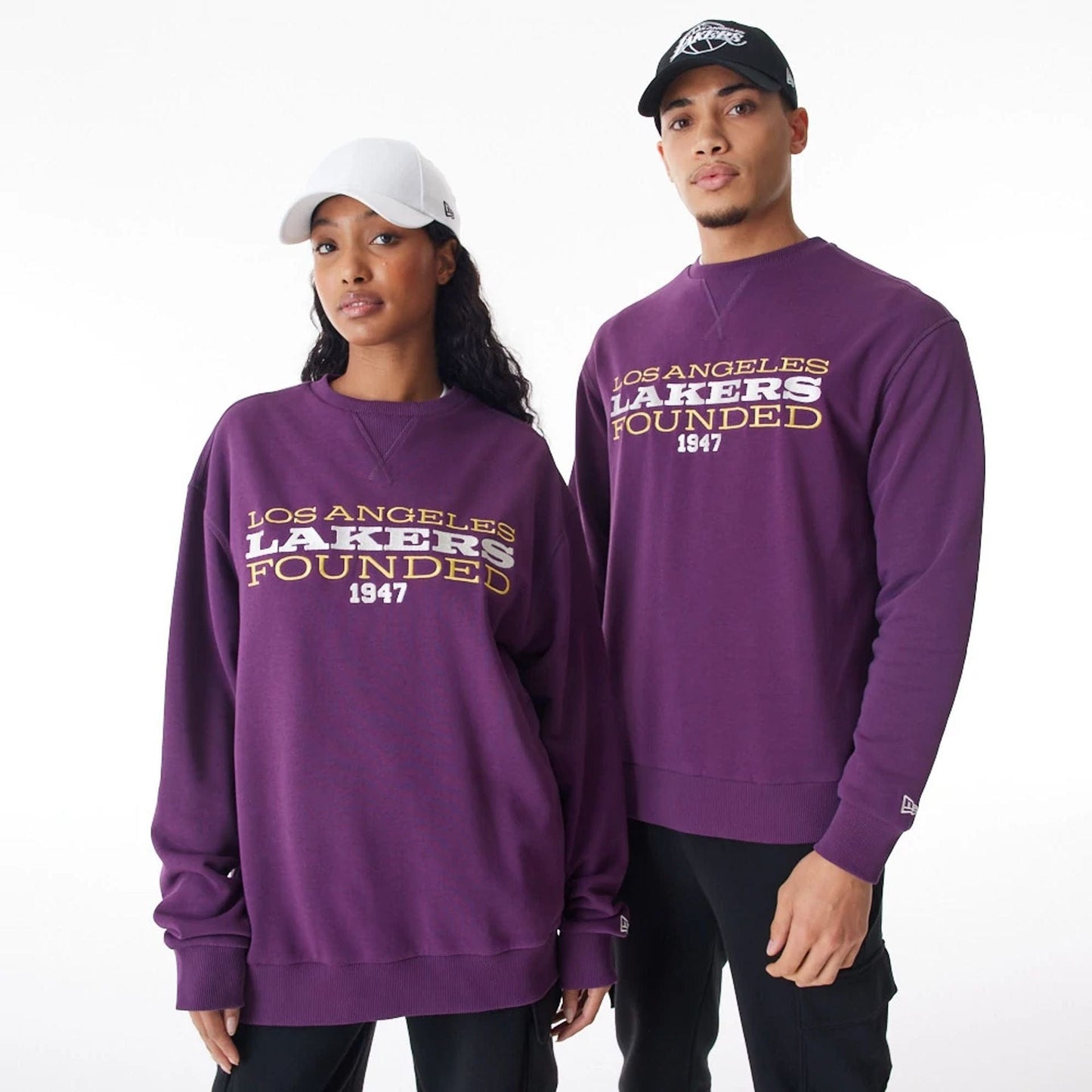 The Male model is wearing LA Lakers NBA Lifestyle Dark Purple Oversized Crew Neck Sweater 8