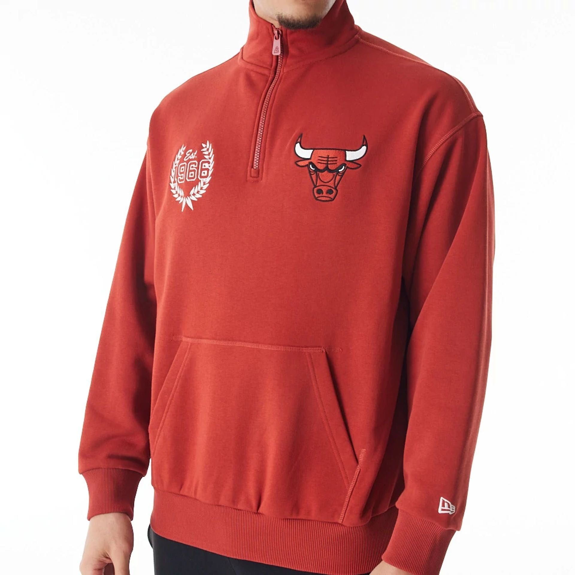 The Male model is wearing Chicago Bulls NBA Lifestyle Red Quarter Zip Sweater 1