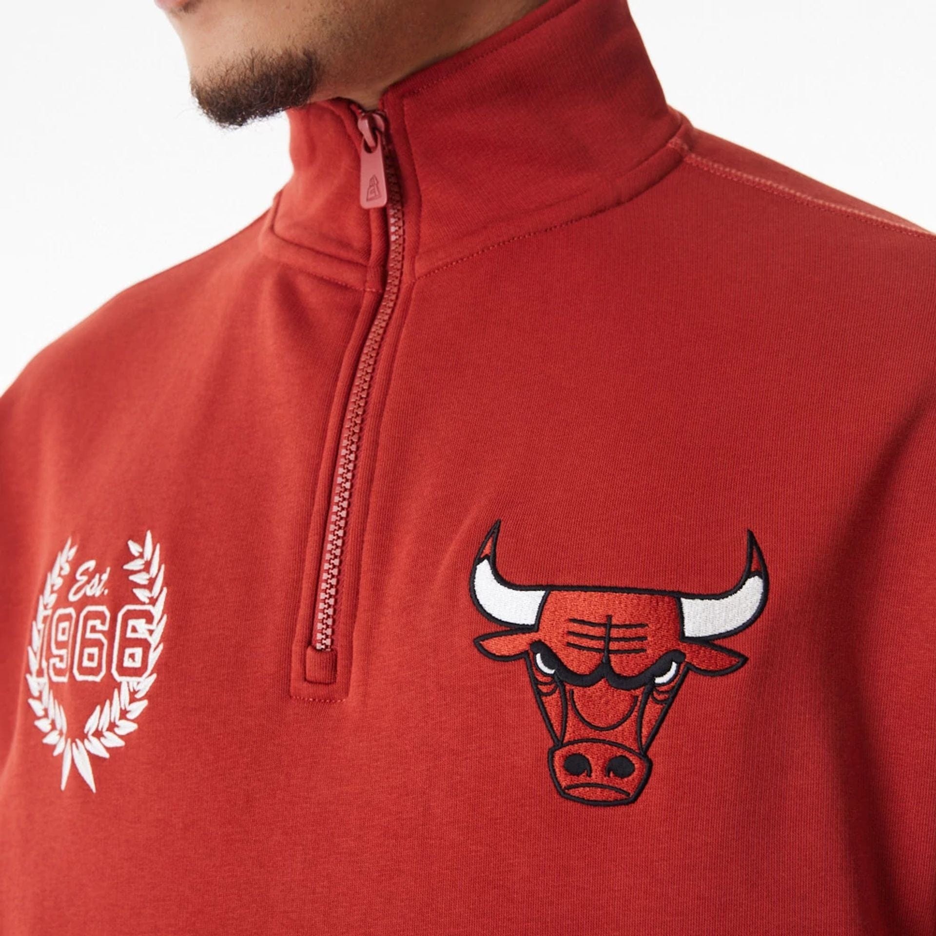 The Male model is wearing Chicago Bulls NBA Lifestyle Red Quarter Zip Sweater 2