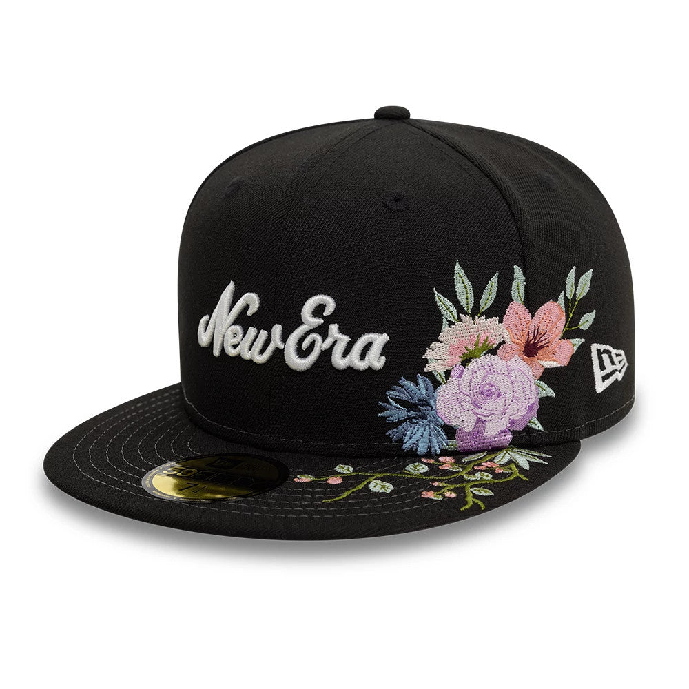 Pictured is this New Era Floral Emblem Black 59FIFTY Fitted Cap 1