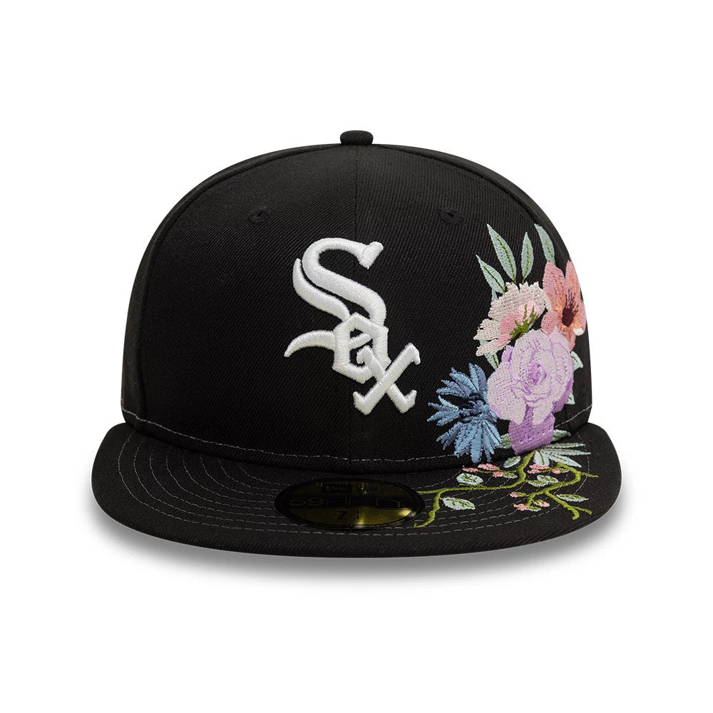 Chicago White Sox MLB Floral Black New Era 59FIFTY Fitted Cap, front view with raised white Sox logo on the front panel, colourful floral embroidery on the side and visor, and gold 59FIFTY size sticker on the black visor.