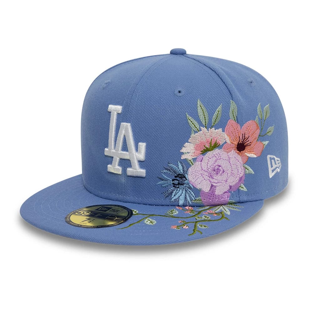 Pictured is this LA Dodgers MLB Floral Blue 59FIFTY Fitted Cap 1