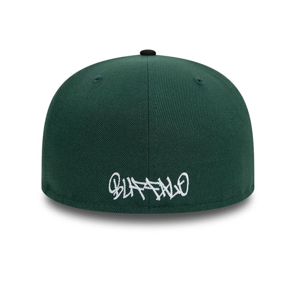 This is a New Era Front Script 59FIFTY Fitted Cap in dark green & black. 2