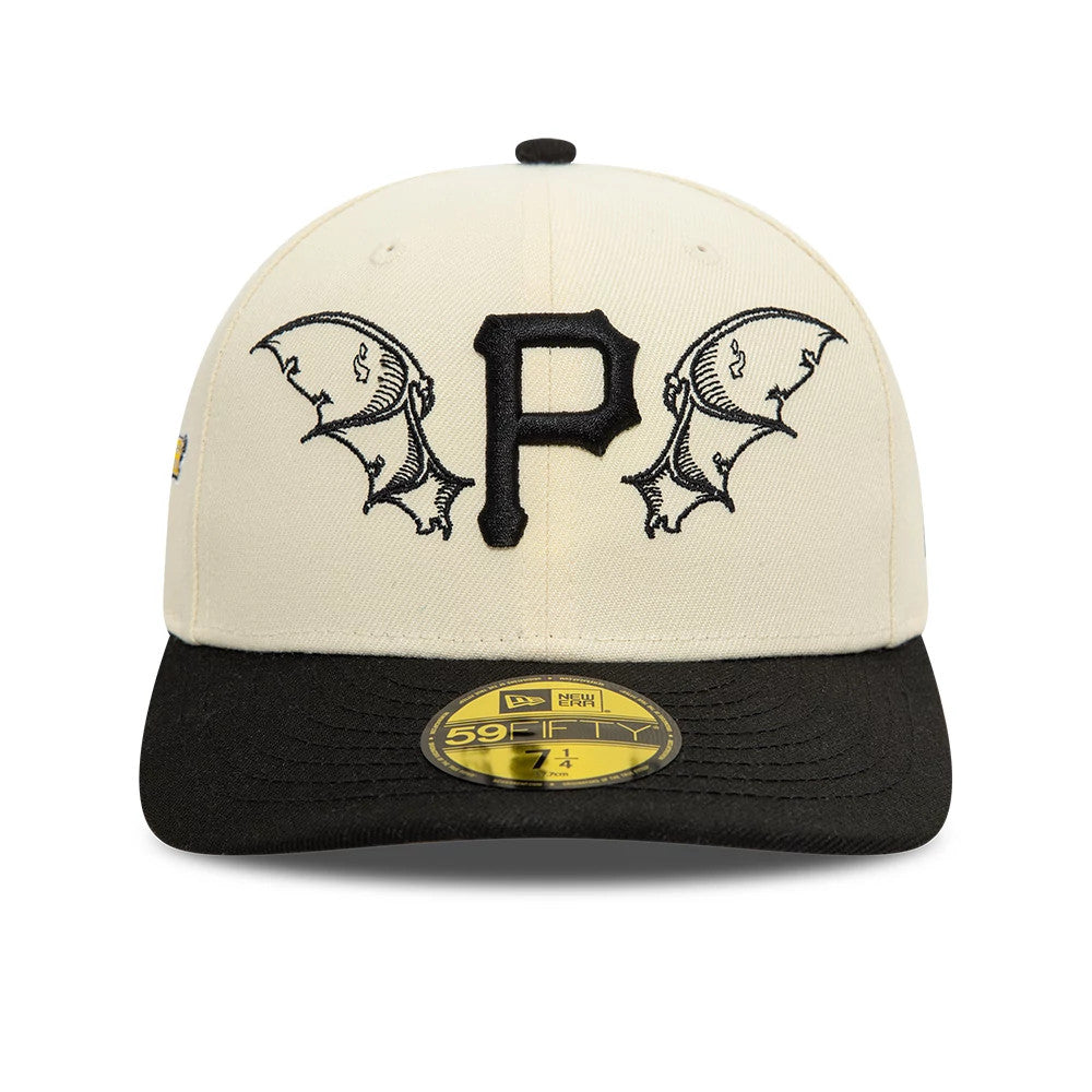 Pittsburgh Pirates MLB Team Wings Light Beige New Era 59FIFTY Fitted Cap, front view showing a black embroidered P logo and bat wings on the crown, with a contrasting black visor and gold 59FIFTY size sticker.
