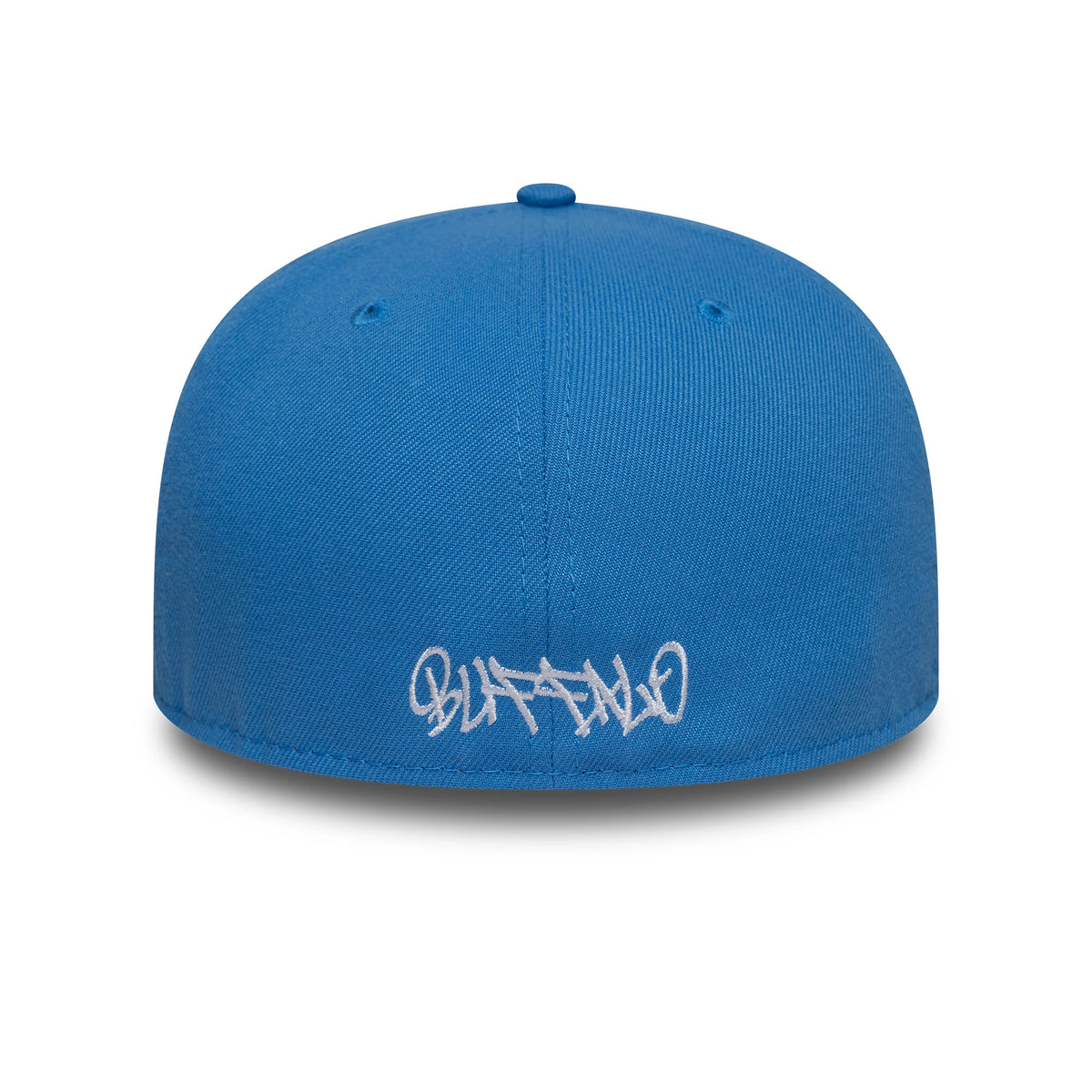 New Era Oversized Script Blue New Era 59FIFTY Fitted Cap, rear view showing white embroidered Buffalo lettering on the back panels, centred on the bright blue structured crown with matching blue top button.