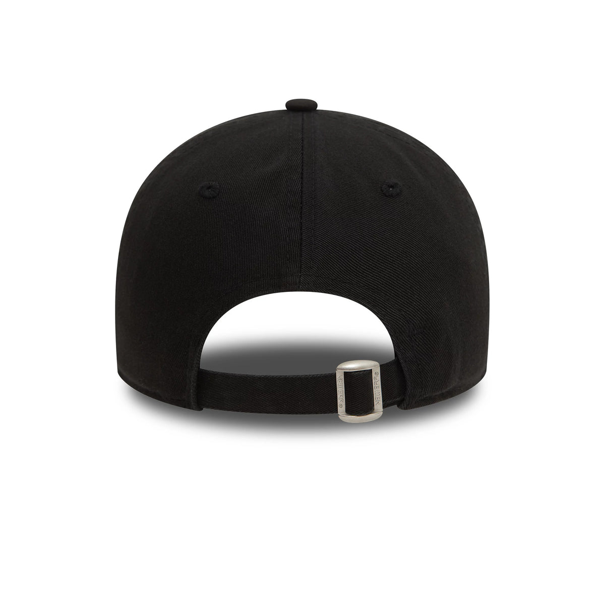 New York Yankees Washed Black New Era 9TWENTY Adjustable Cap, rear view showing the open back with a metal adjustable buckle and the black top button, centred on the washed black crown.