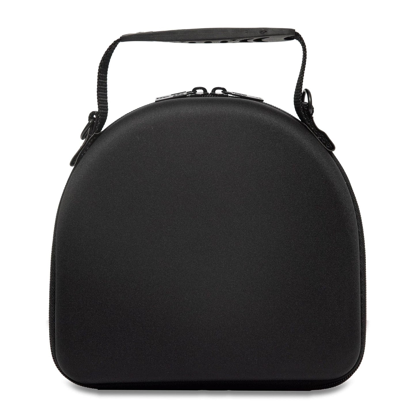 New Era Black 2Pk 59FIFTY Fitted Cap Carrier, front view showing the rounded black case with a raised New Era logo near the base, a short carry handle attached to the top and the zip closure edges.