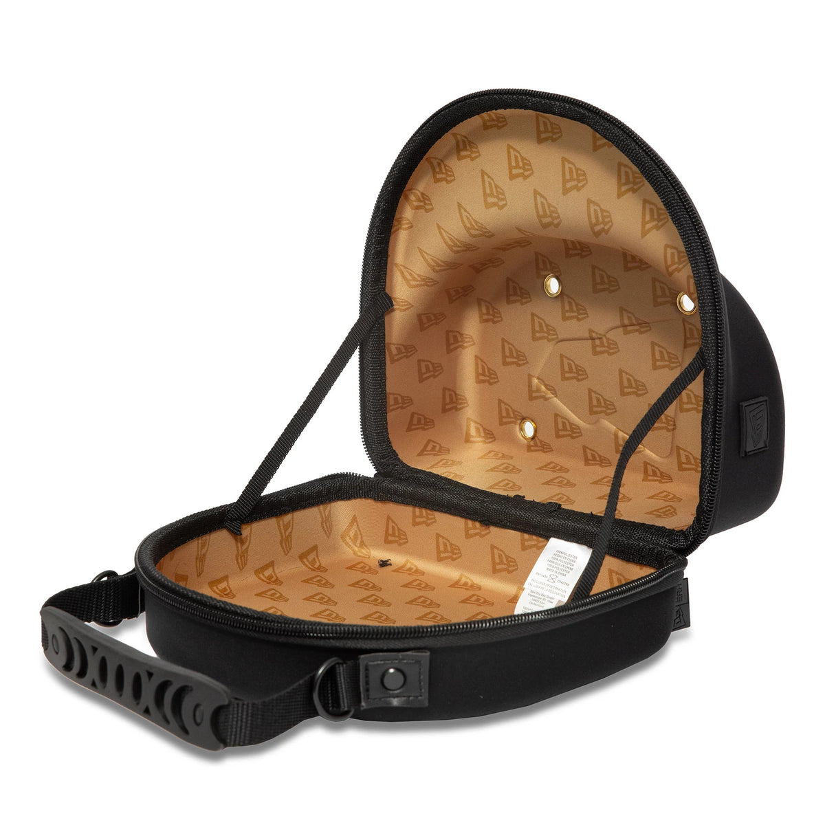 New Era Black 2Pk 59FIFTY Fitted Cap Carrier, open view showing the lid flipped back with a beige interior and brown logos, eyelets set into the lid, and a black carry handle connected to the base.