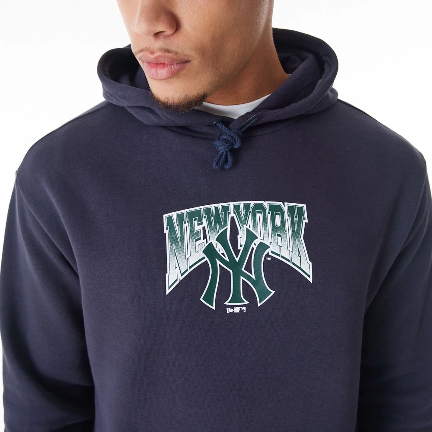 The Male model is wearing New York Yankees MLB Gradient Navy Oversized Pullover Hoodie 8