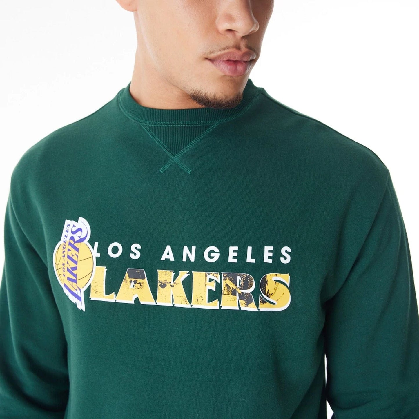 The Male model is wearing LA Lakers NBA Graphic Dark Green Crew Neck Sweater 9