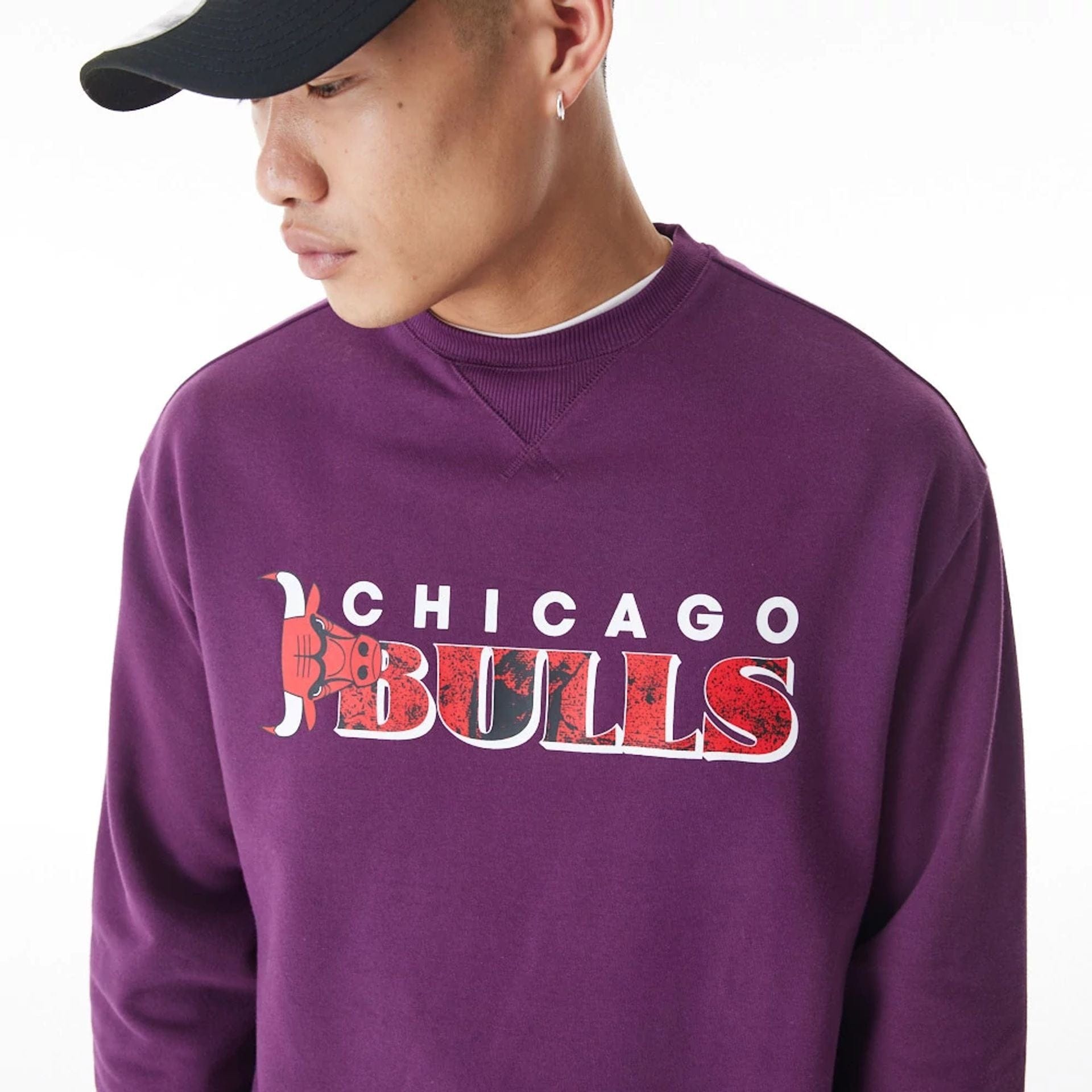 The Male model is wearing Chicago Bulls NBA Graphic Dark Purple Crew Neck Sweater 2