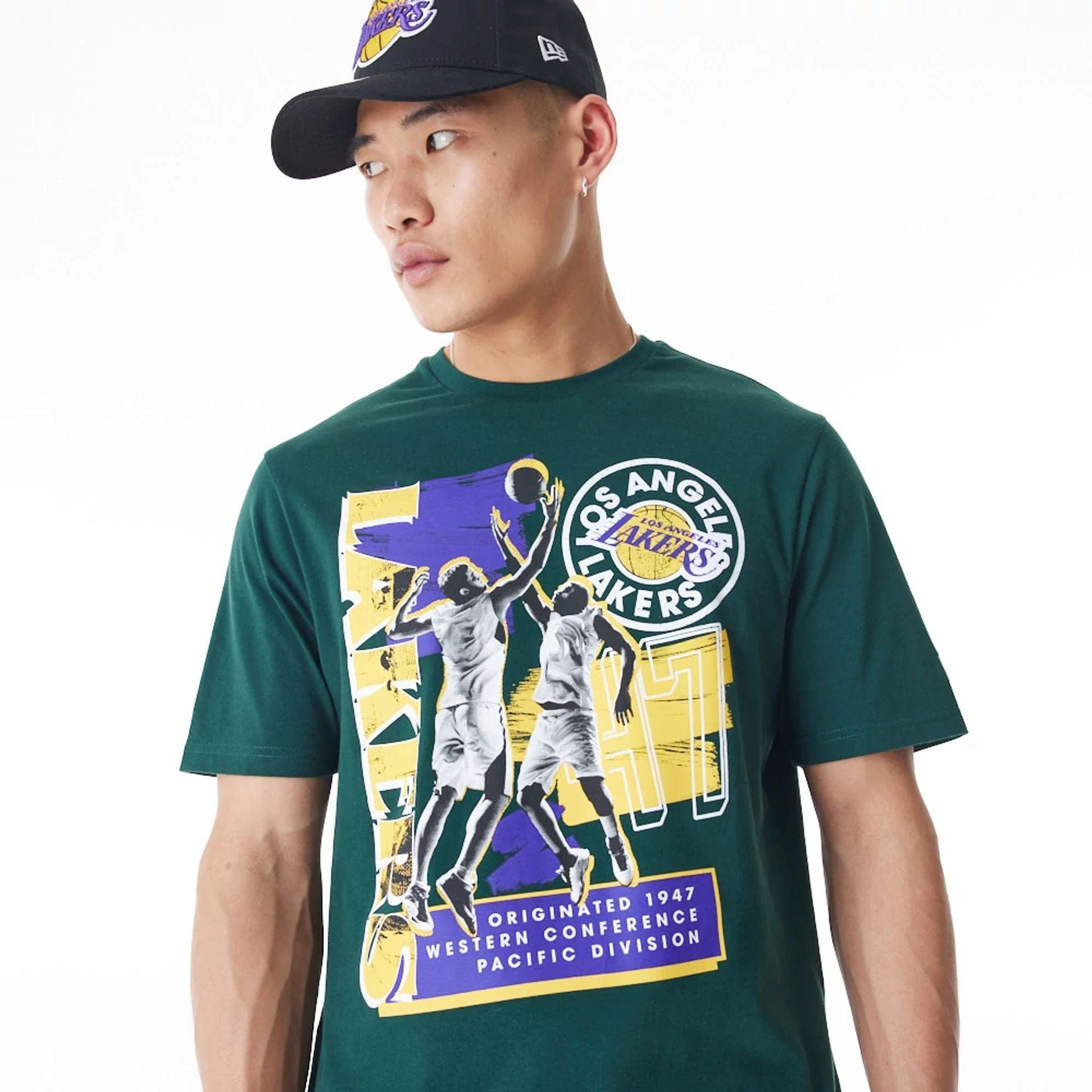 The Male model is wearing LA Lakers NBA Player Graphic Dark Green T-Shirt 2