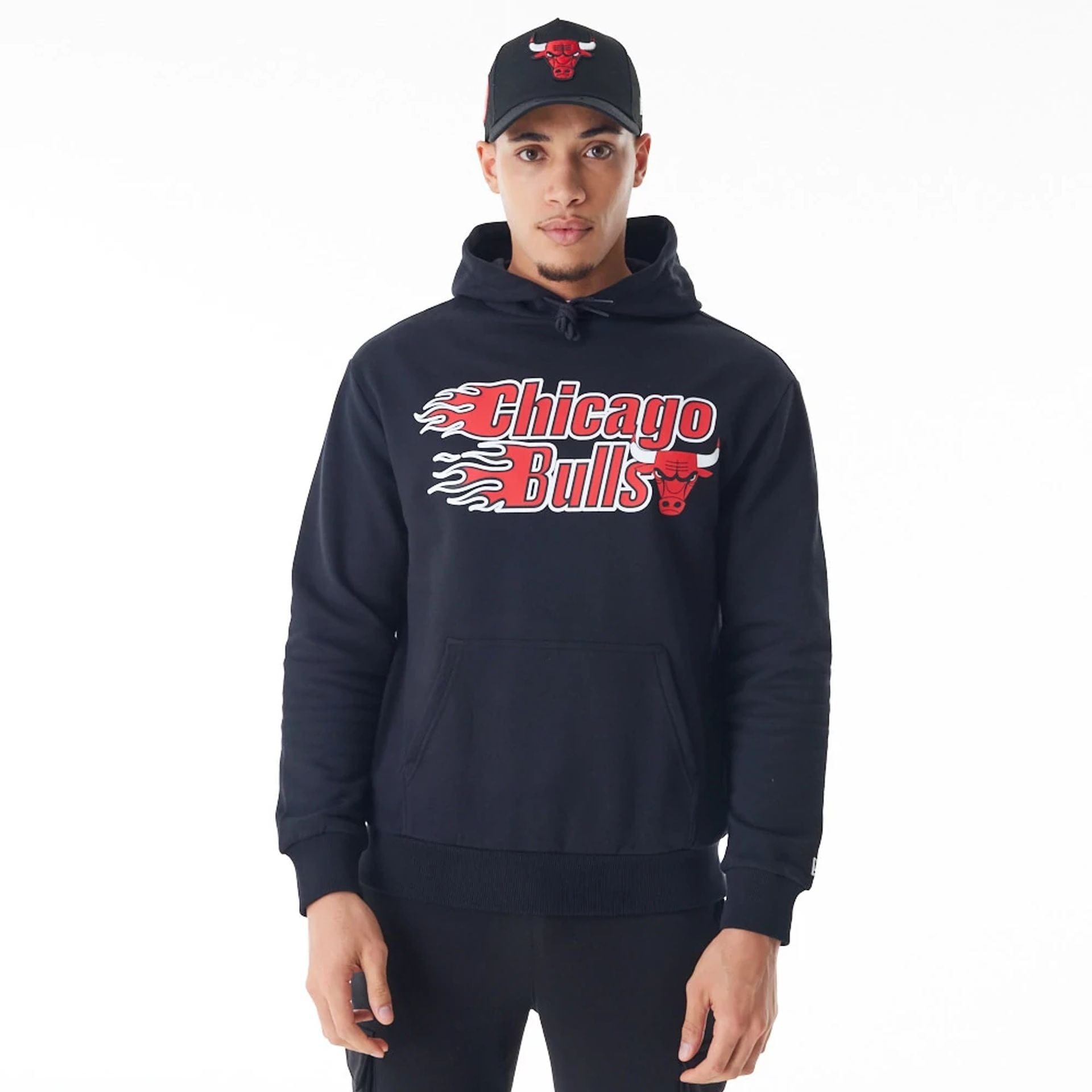 The Male model is wearing Chicago Bulls NBA Flame Print Black Oversized Pullover Hoodie 1