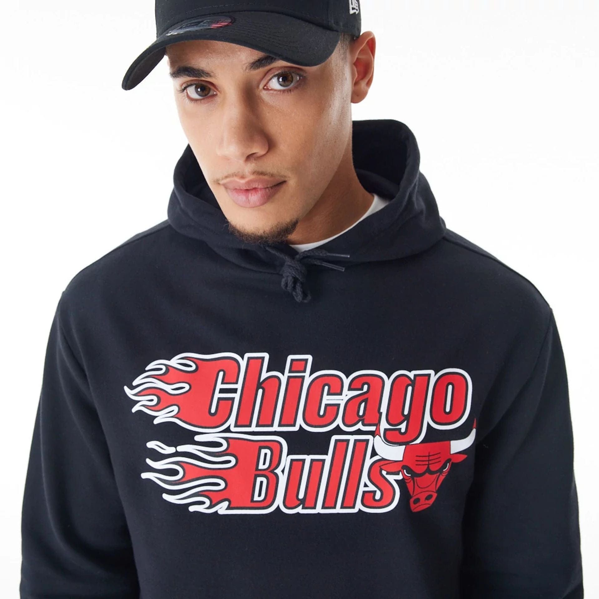 The Male model is wearing Chicago Bulls NBA Flame Print Black Oversized Pullover Hoodie 2
